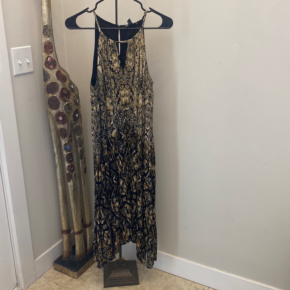 INC Asymmetric Handkerchief Hem Halter Snakeskin Midi Dress Womens Medium